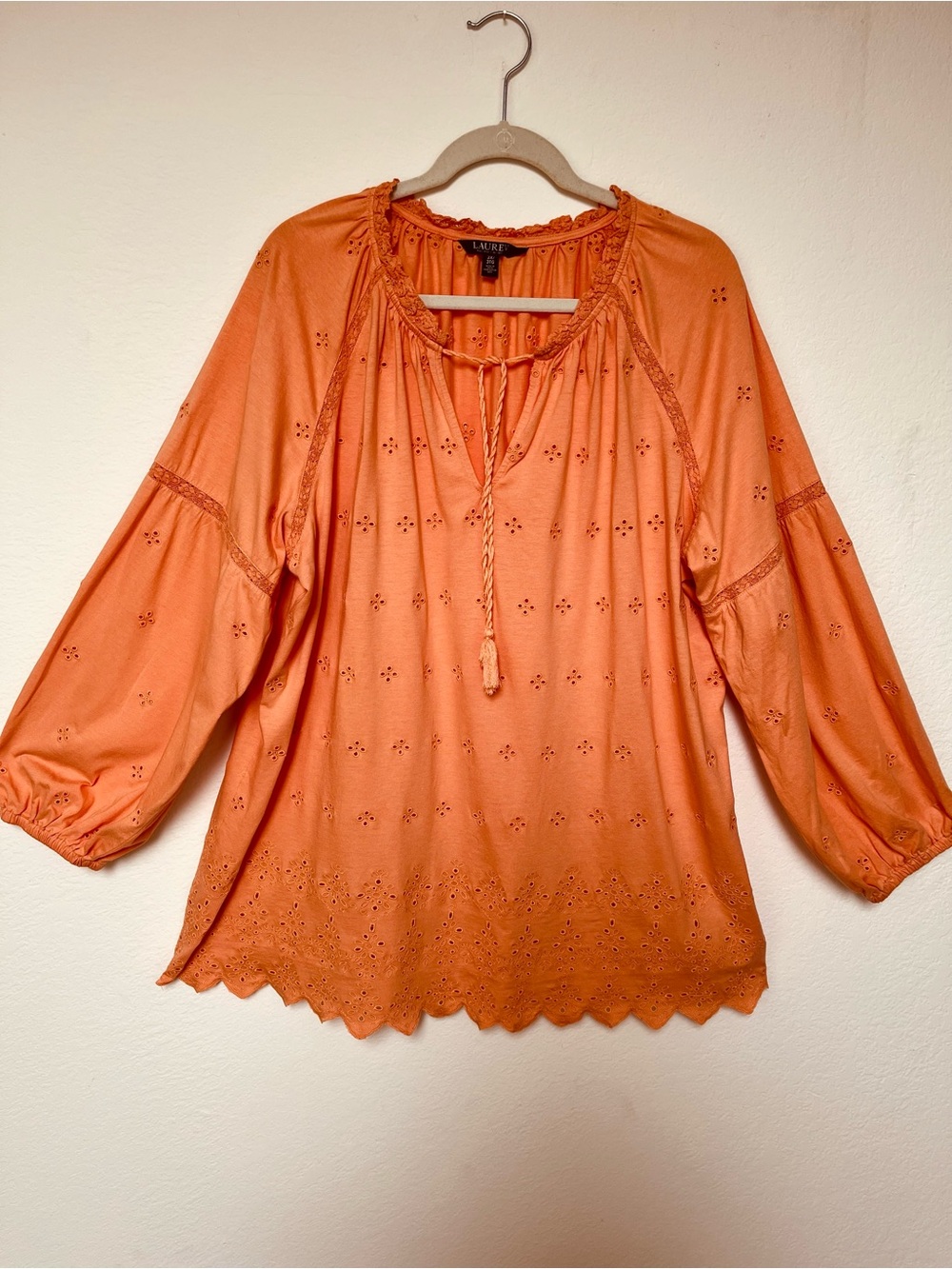 Lauren Ralph Lauren Cotton Blend Orange Eyelet Peasant Top